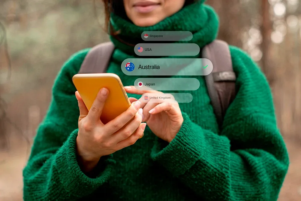 woman selects a VPN server location from a list of available countries