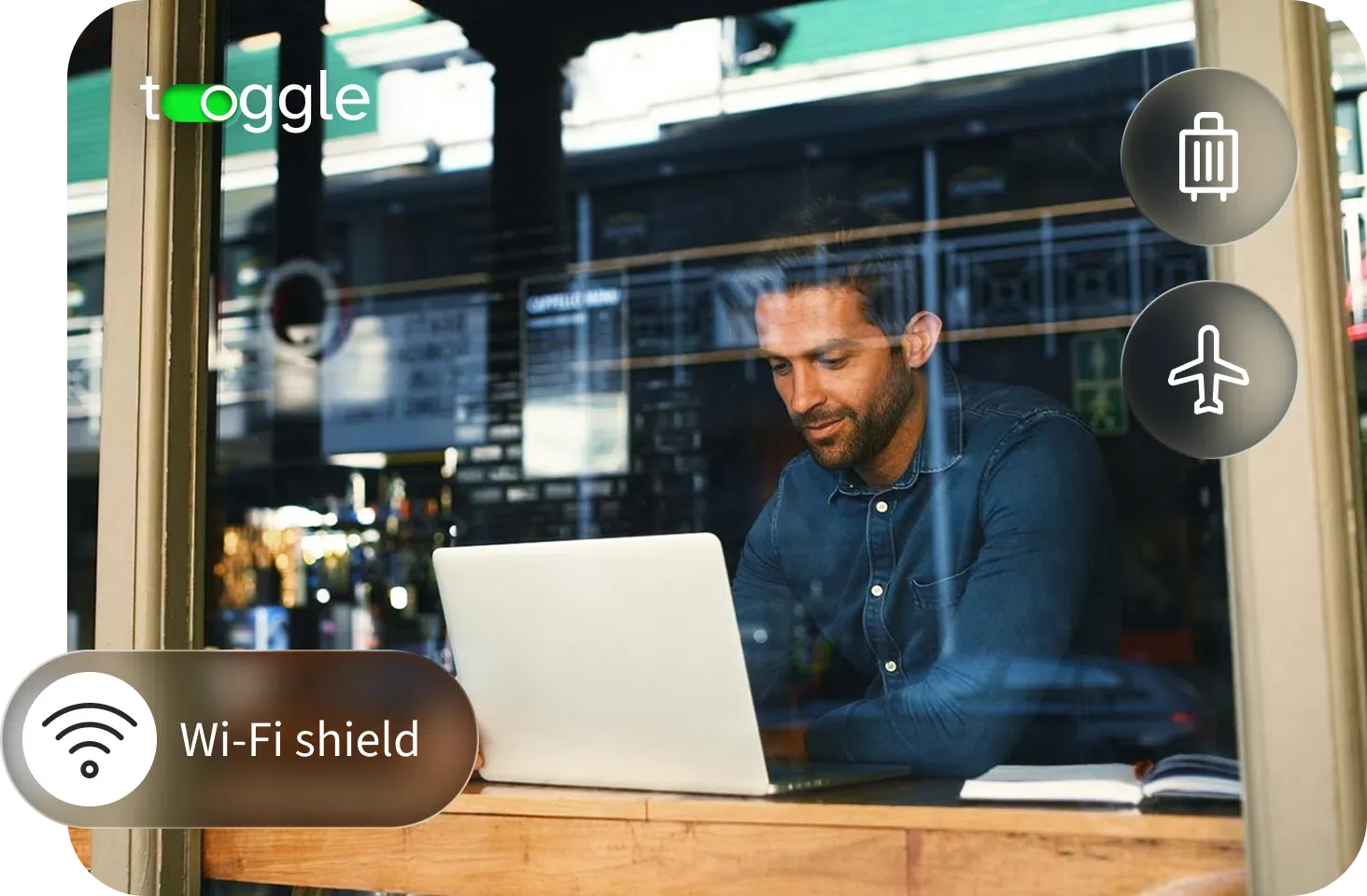 man uses a VPN at a cafe to connect securely to Wi-Fi